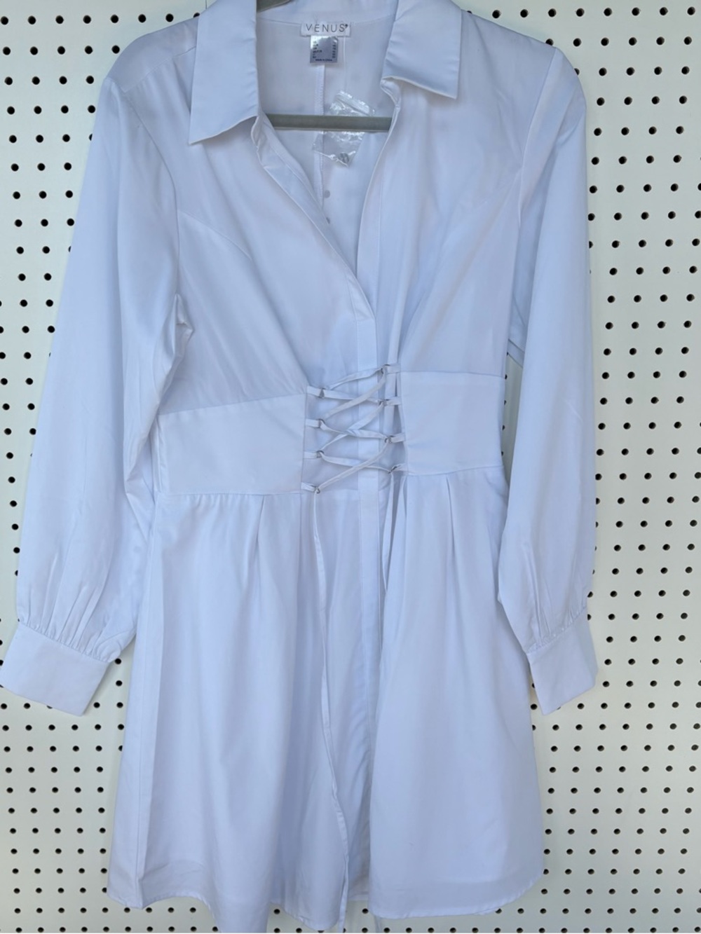 VENUS White Long Sleeve Lace-Up Shirt Dress XL